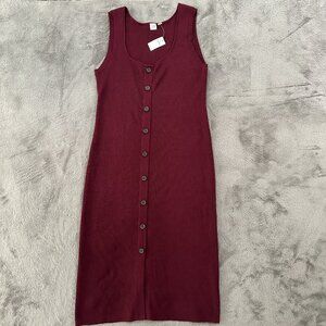 NWT Gap Ribbed Sweater Dress Midi Ruby Wine Women's LARGE Buttons Sleeveless